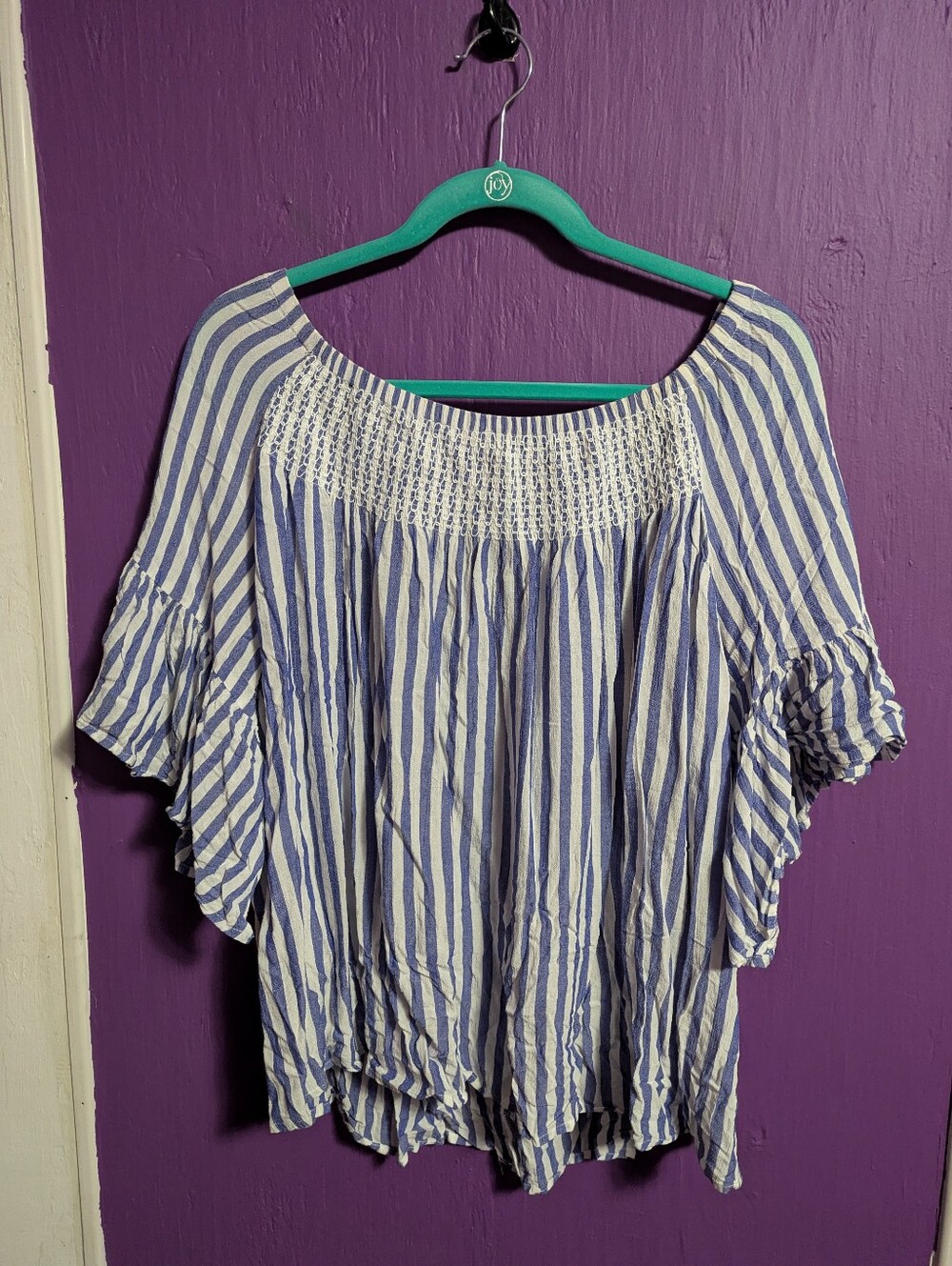 š A New Approach Blue White Striped Short Flutter Sleeve Blouse XXL 16 18